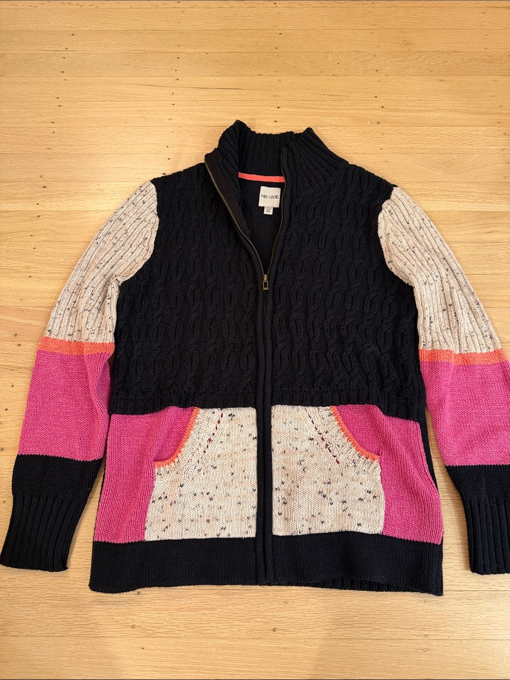 NIC+ZOE Navy, Pink & oatmeal Colorblock Zip Cardigan